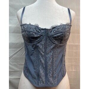 Dealmore Lace Corset Bustier Top Large Dusty Blue Gray Sheer Mesh Underwire Y2K